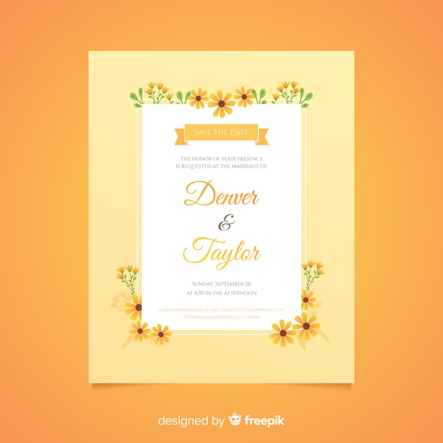 Flat design of orange floral wedding invitation template