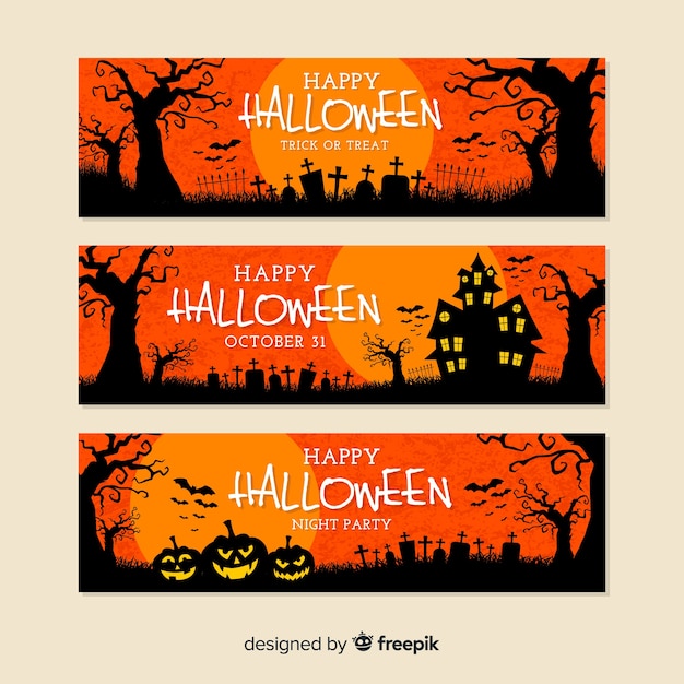 Vettore gratuito design piatto di banner di halloween arancione