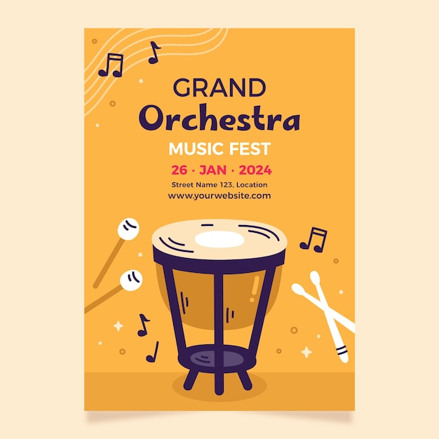 Vettore gratuito modello di poster di concerto per orchestra a disegno piatto