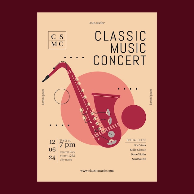 Vettore gratuito modello di poster di concerto per orchestra a disegno piatto