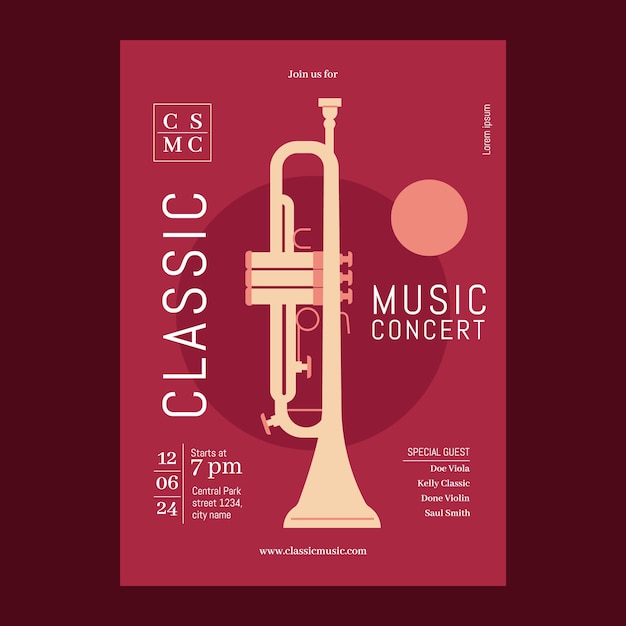 Vettore gratuito modello di poster di concerto per orchestra a disegno piatto