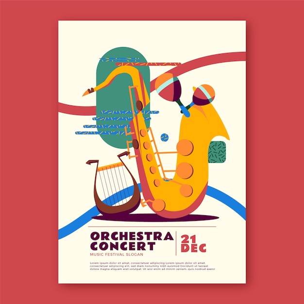 Vettore gratuito poster di concerto per orchestra a disegno piatto