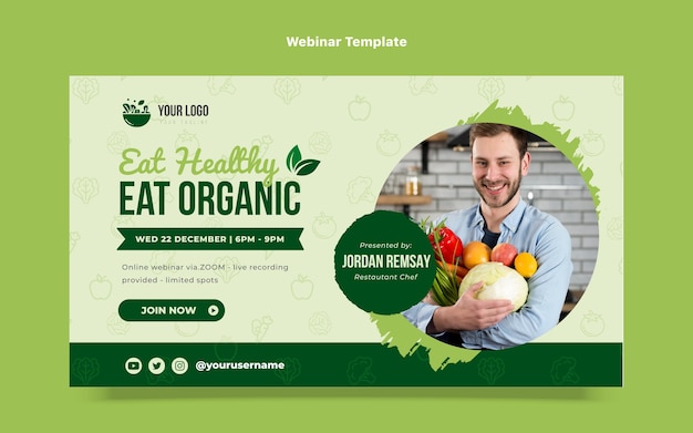 Modello di webinar sugli alimenti biologici di design piatto