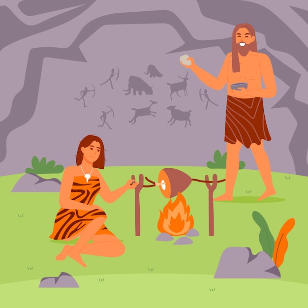 Flat design paleolithic life illustration