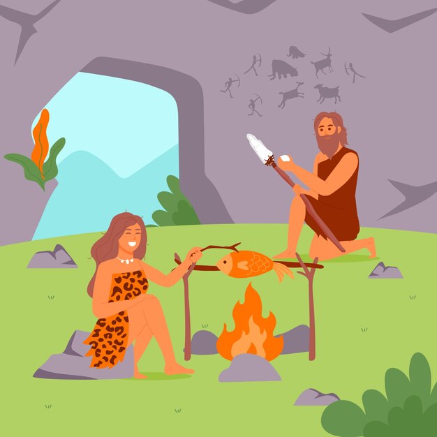 Flat design paleolithic life illustration