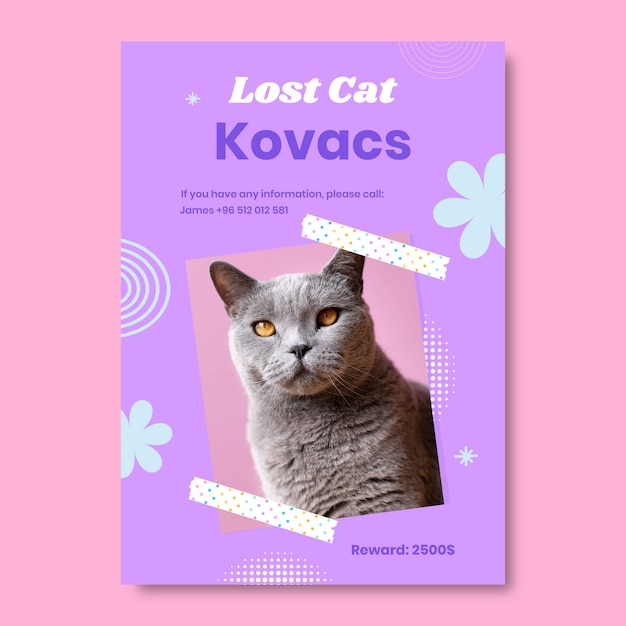 Free vector flat design pastel lost cat kovacs poster