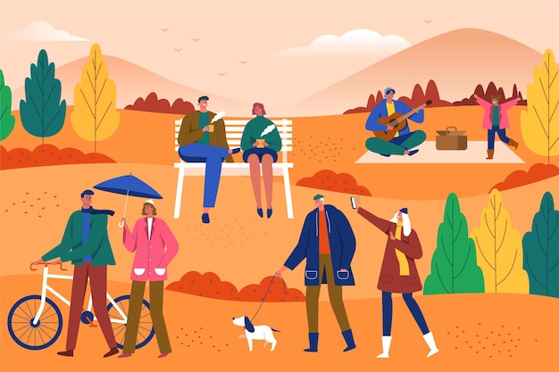 Flat design people in the autumn park