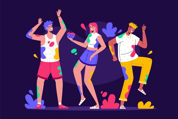 Gente di design piatto che balla nel festival di holi di colori