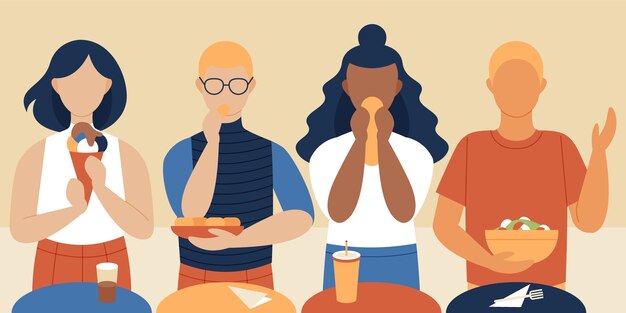 Flat design people eating tasty food set