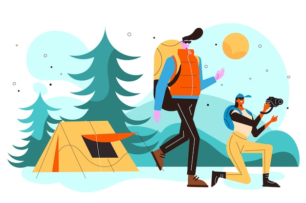 Free vector flat design people in the forest illustration