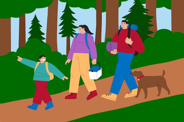 Free vector flat design people in the forest with dog