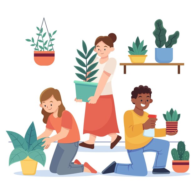 Flat design people group taking care of plants