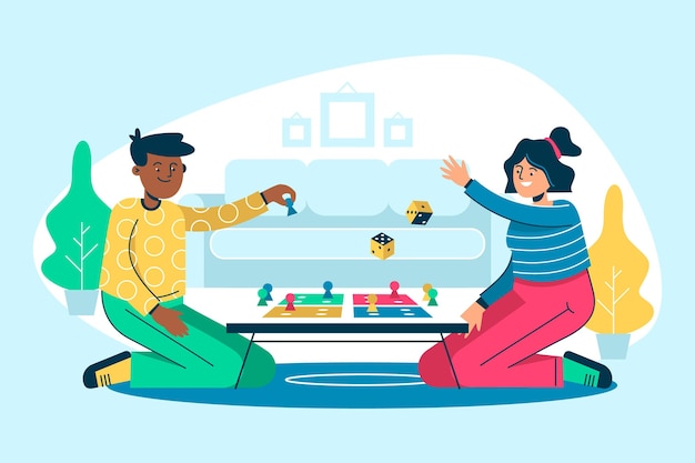 Flat design people playing ludo game illustration