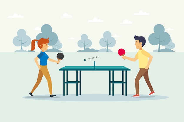 Persone di design piatto che giocano a ping pong illustrazione