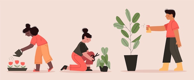 Бесплатное векторное изображение Плоский дизайн люди заботятся о растениях