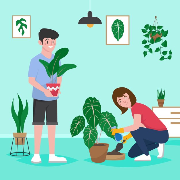 Flat design people taking care of plants together