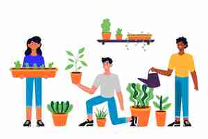 Free vector flat design people taking care of plants