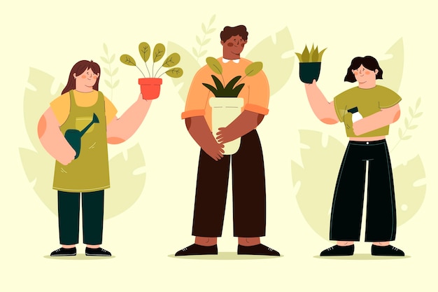 Free vector flat design people taking care of plants