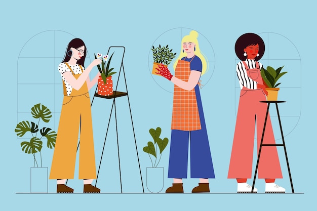 Free vector flat design people taking care of plants