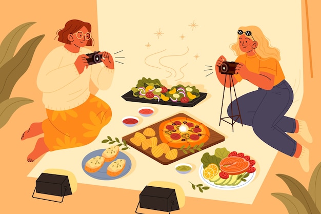 Flat design people taking pictures of food