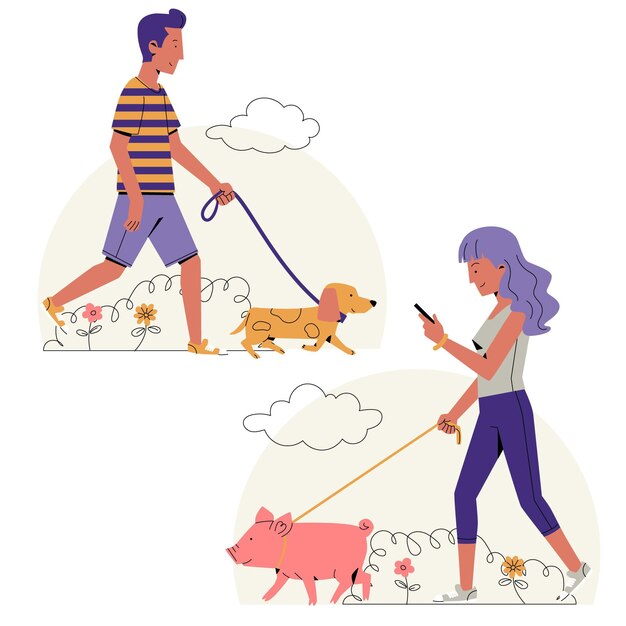 Flat design people walking pets