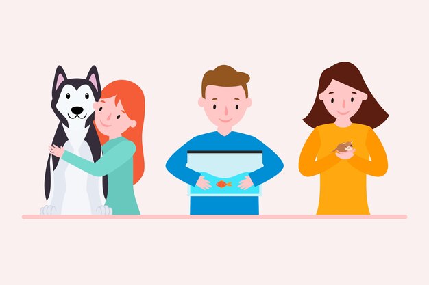 Flat design people with different pets collection