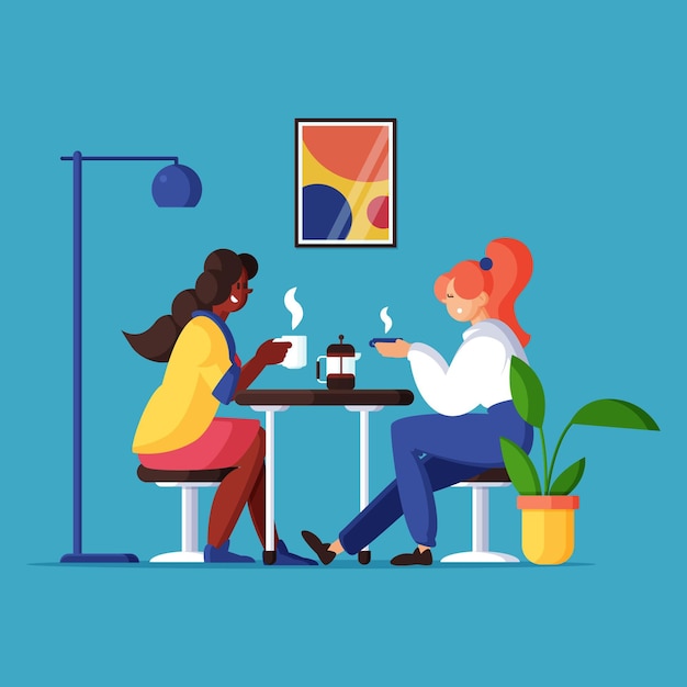 Flat design of people with hot drinks