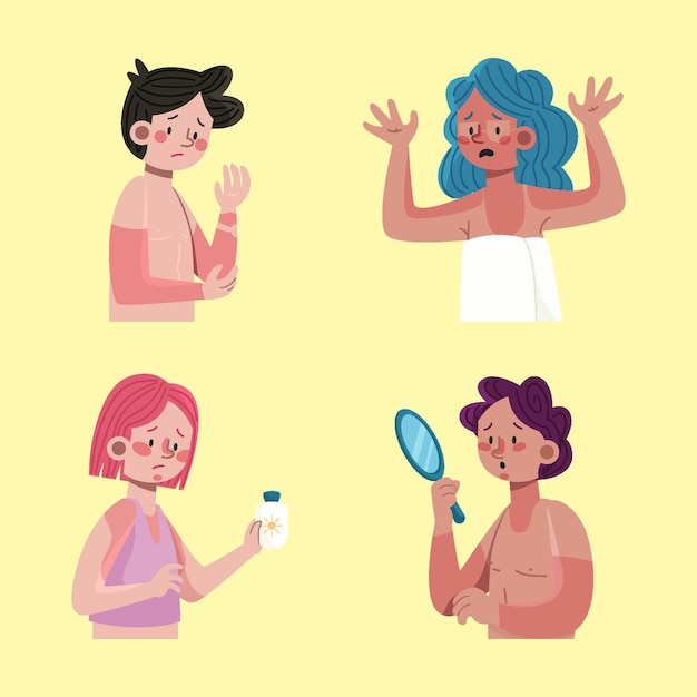 Free vector flat design people with sunburn set