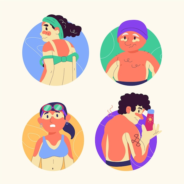 Flat design people with sunburn set