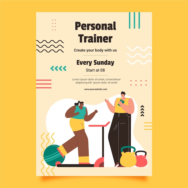 Vettore gratuito poster di personal trainer dal design piatto