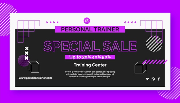 Vettore gratuito modello di banner di vendita di personal trainer design piatto