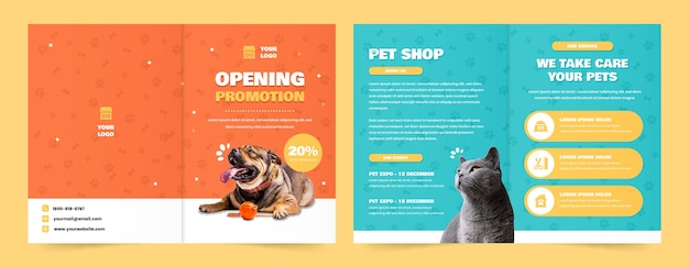 Modello di brochure per negozio di animali dal design piatto