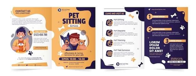 Flat design pet sitting service brochure template