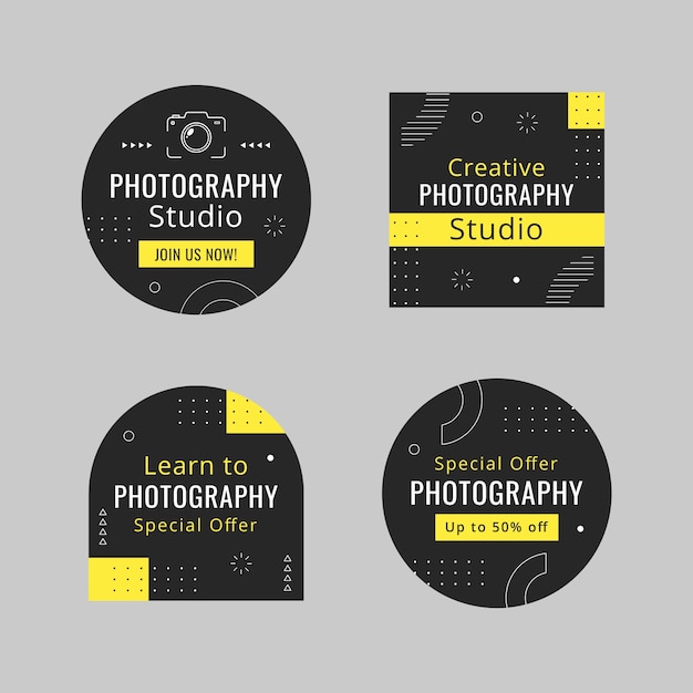 Vettore gratuito modello di etichette per studio fotografico di design piatto