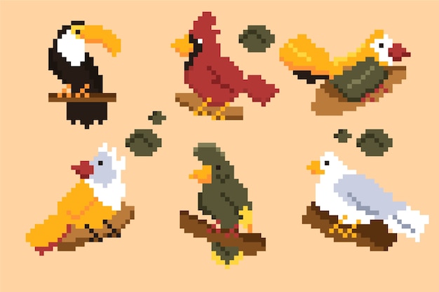 Flat design pixel art bird collection