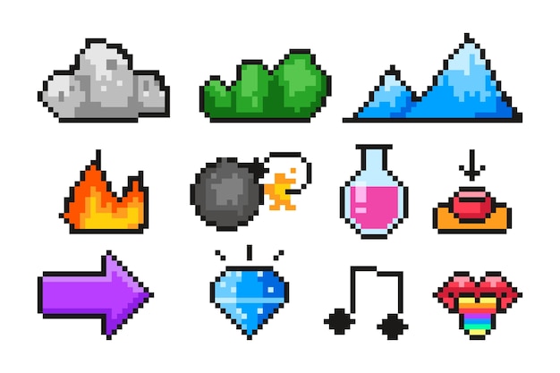 Flat design pixel art element collection