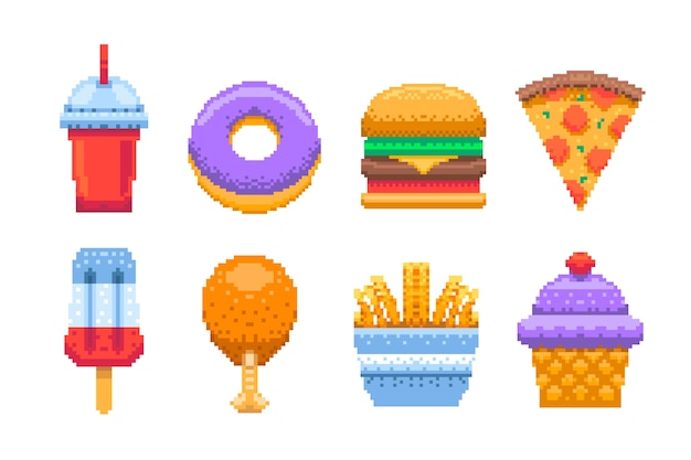 Vettore gratuito illustrazione di cibo pixel art design piatto