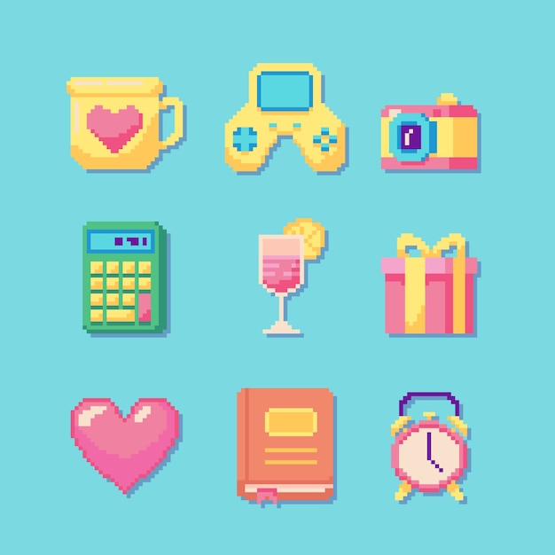 Flat design pixel art set illustration