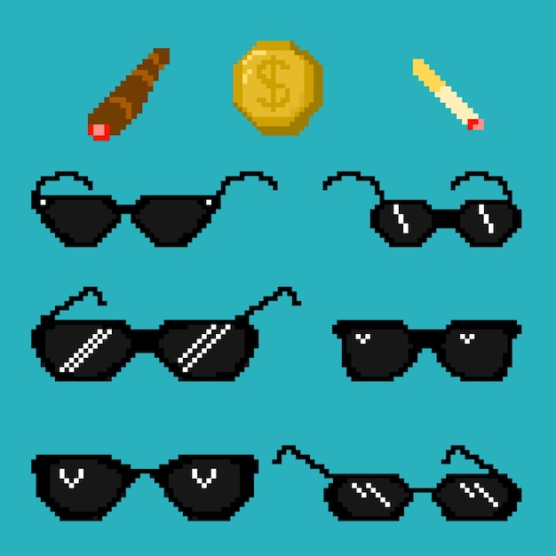 Free vector flat design pixel art thug life sunglasses illustration