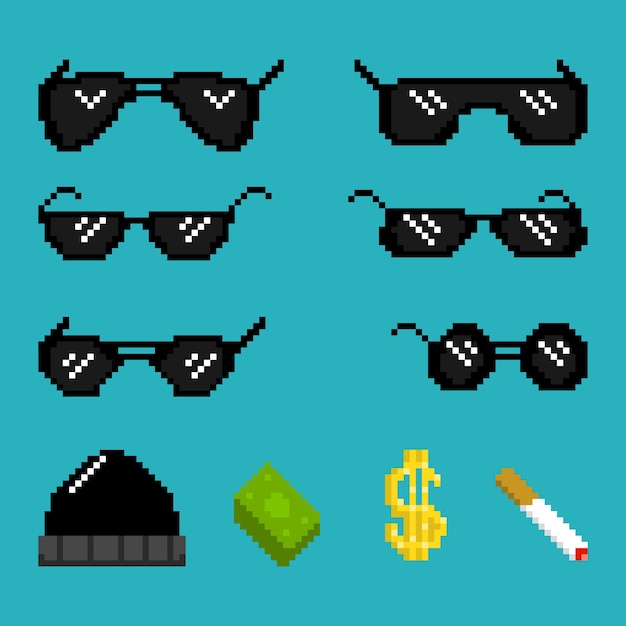 Free vector flat design pixel art thug life sunglasses illustration