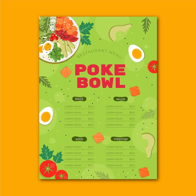 Vettore gratuito modello di menu poke bowl design piatto