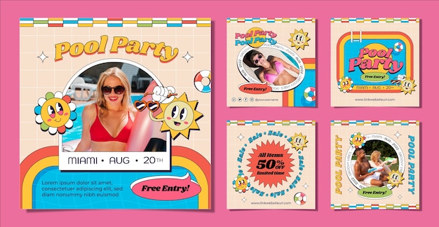 Flat design pool party instagram post template