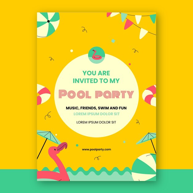 フラットなデザインのプールパーティーの招待状のテンプレート