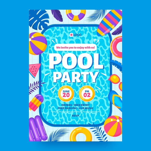 Vettore gratuito modello di invito a una festa in piscina design piatto