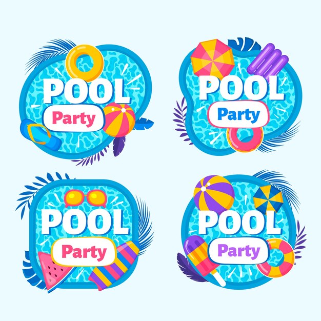 Flat design pool party labels  template