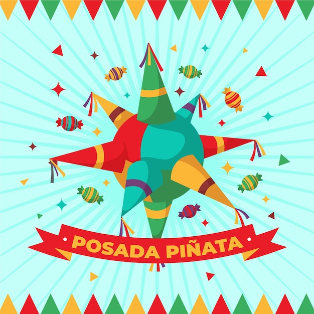 Vettore gratuito design piatto posada pinata e ghirlande