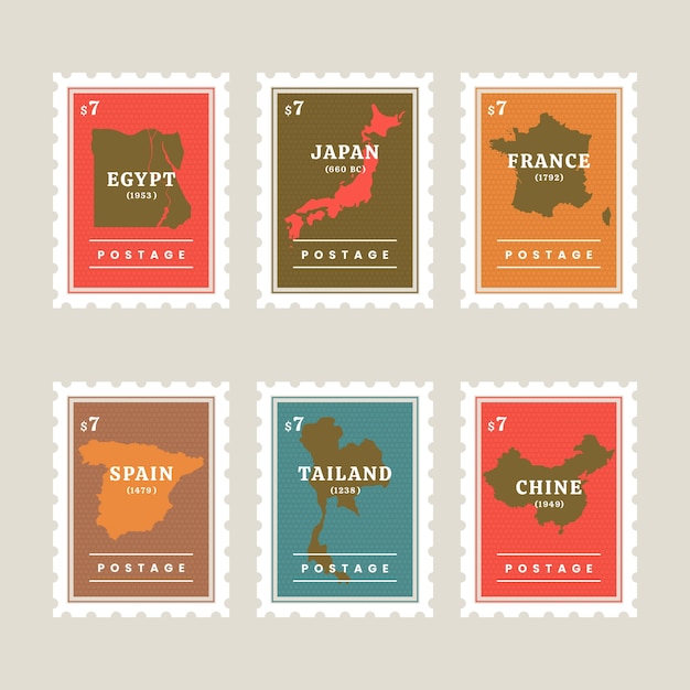 Vettore gratuito set di francobolli dal design piatto
