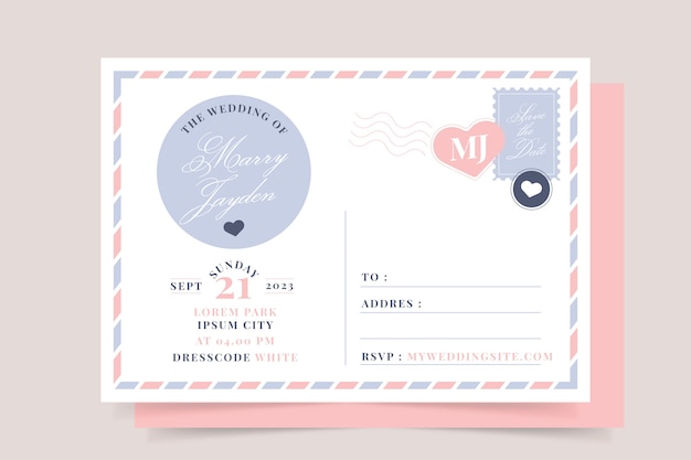 無料ベクター フラットなデザインのポストカードの結婚式の招待状