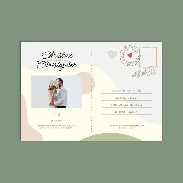 フラットなデザインのポストカードの結婚式の招待状