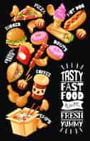 Vettore gratuito poster di design piatto con menu per fast food cafe con hamburger di pizza bevande di pollo dolci